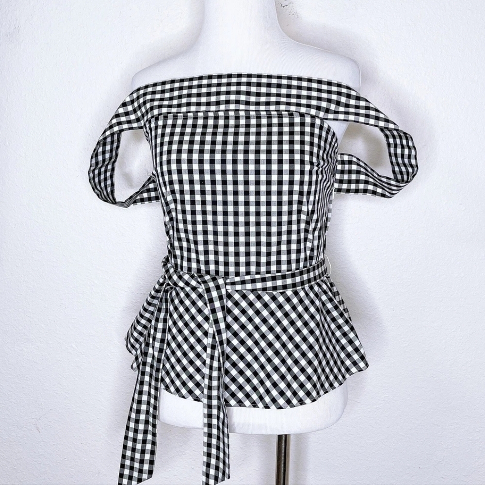 Express Black and White Gingham Off-Shoulder Top